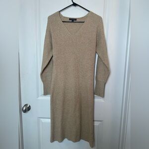 Banana Republic V- Neck Ribbed Midi Camel Cotton Blend Sweater Dress, Small